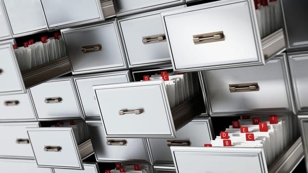 Library catalogue wooden drawer with letters. 3D illustration.