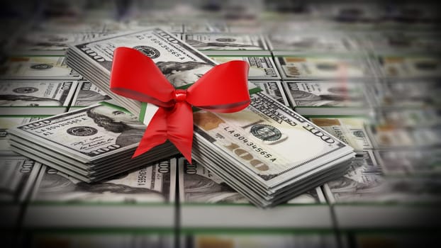 100 dollar money bills with red ribbon. Business and success concept. 3D illustration.