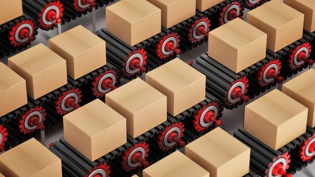 Carton boxes being transported on conveyor belts. 3D illustration.
