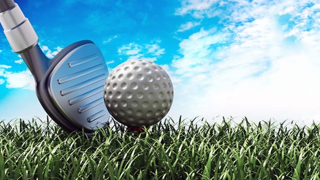 Golf club and ball standing on green grass. 3D illustration.
