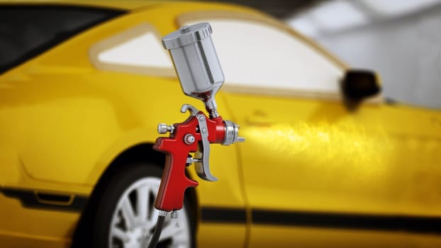 Paint gun spraying yellow paint over the car panels. 3D illustration.