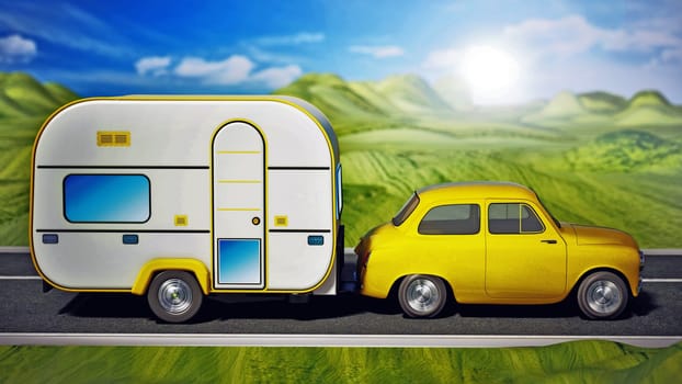 Yellow vintage car on the road with caravan. 3D illustration.