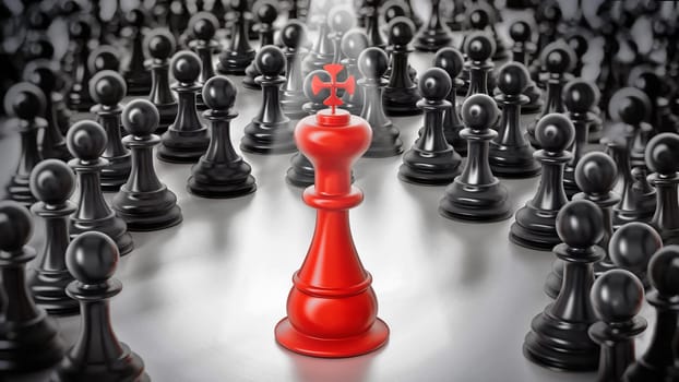 Red chess king standing among white pawns. 3D illustration.