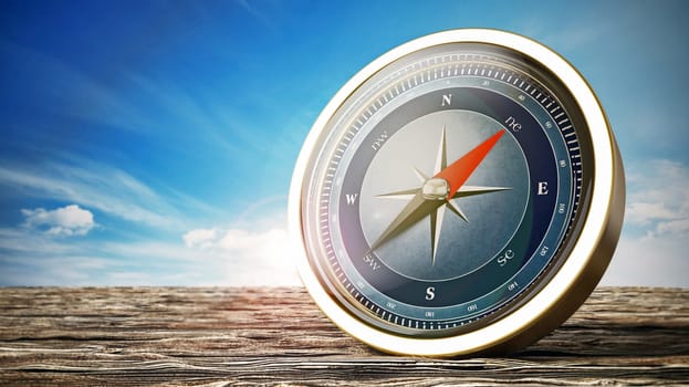 Vintage compass standing on old wood. 3D illustration.