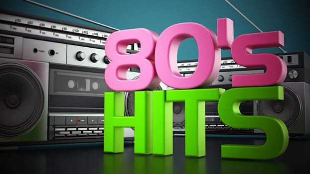 Vintage cassette player and 80's hits text. 3D illustration.