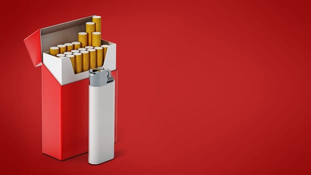 Cigarette box and lighter isolated on white background. 3D illustration.