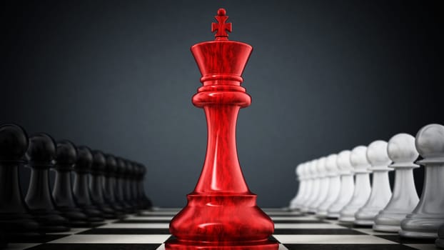 Red chess king standing between white and black pawns. 3D illustration.