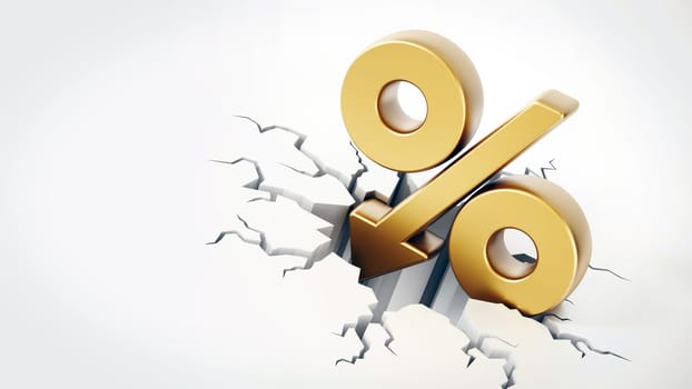 Percentage symbol with arrow on cracked ground. 3D illustration.