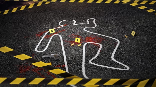 Crime scene of a murder case. 3D illustration.
