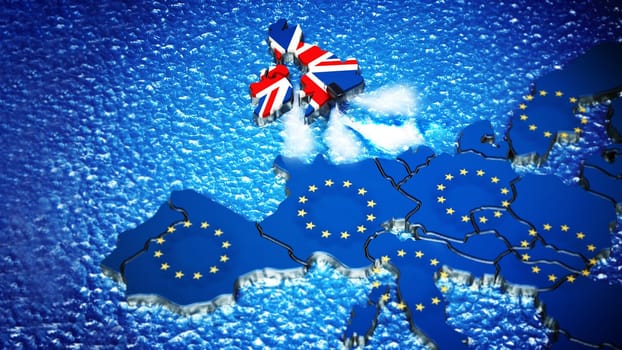 Britain map with boat engine leaving European Union. 3D illustration.