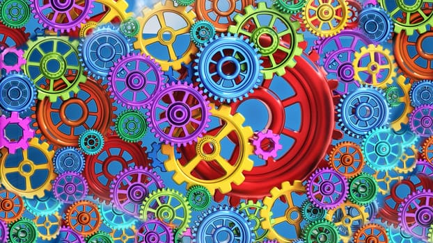 Multi colored gears in motion inside lightbulb. 3D illustration.