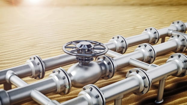 Oil pipeline on desert sand. 3D illustration.