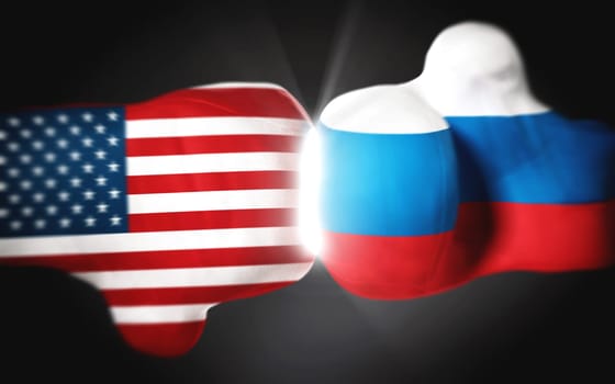 American and Russian flag textured boxing gloves on black. 3D illustration.