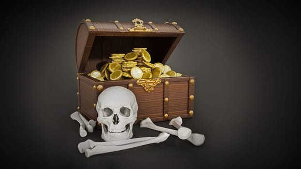 Chest full of gold, skull and bones. 3D illustration.