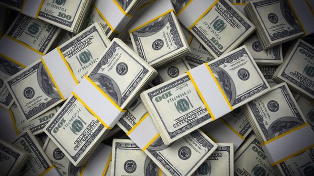 Stack of 100 dollar bills background. 3D illustration.
