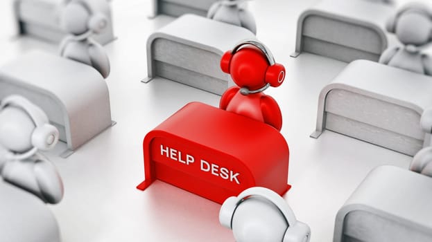 Customer representative with headset sitting on the help desk. 3D illustration.