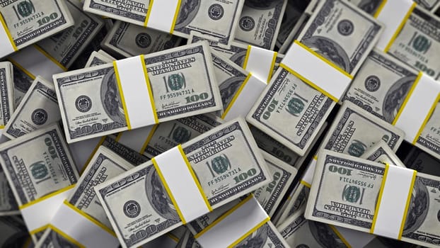 Horizontal 100 dollar money lots background. 3D illustration.
