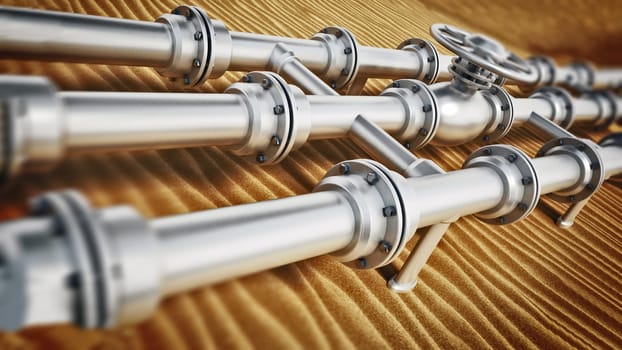 Oil pipeline on desert sand. 3D illustration.