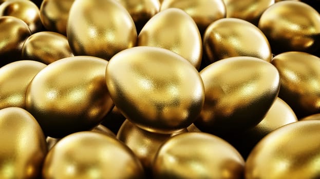 Stack of shiny golden eggs. 3D illustration.