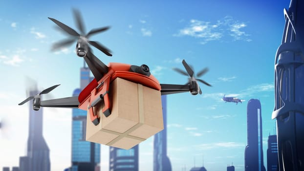 Unmanned drone carrying cargo box. 3D illustration.