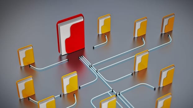 Folders connected to each other in a network. 3D illustration.