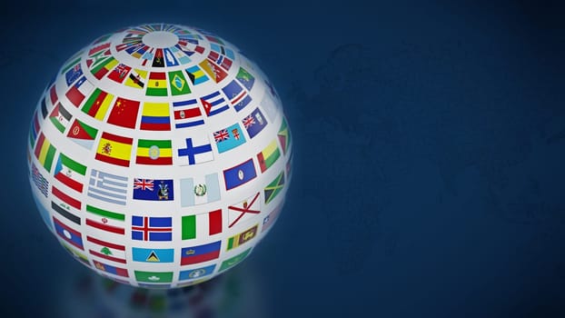 Country flags around the globe on blue background. 3D illustration.