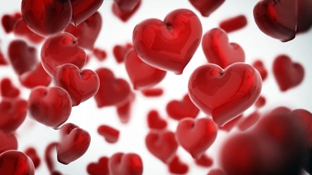Falling hearts background with DOF effect. 3D illustration.