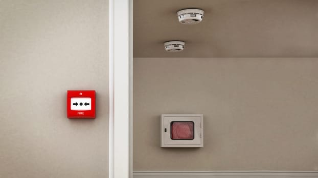 Fire button, smoke detectors and hose on the wall. 3D illustration.