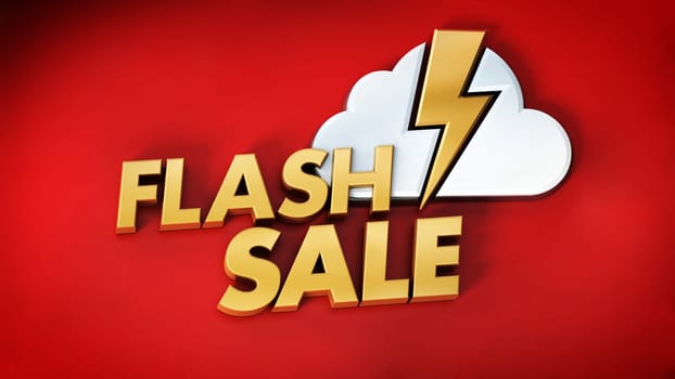 Flash sale text, cloud and lightning icon. 3D illustration.