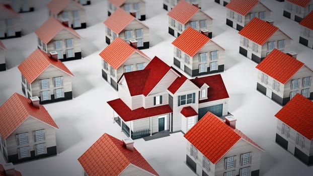 Luxury estate standing out against many regular houses. 3D illustration.