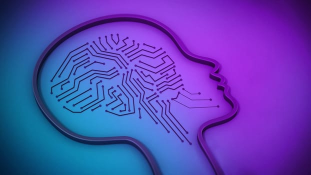 PCB brain inside female head icon. 3D illustration.