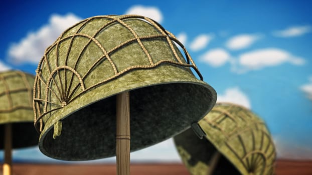 World War II helmets against blue sky. 3D illustration.