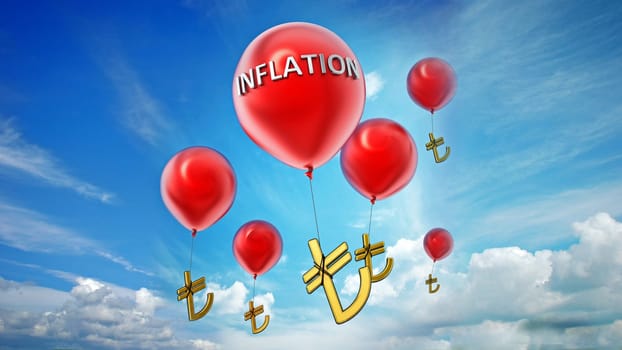 Red flying balloons with tied Turkish lira symbol. 3D illustration.