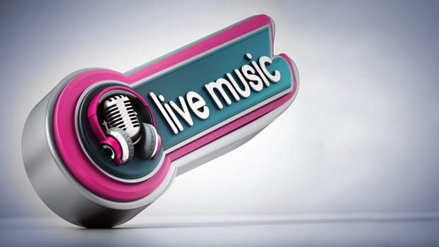 Live music banner with vintage microphone. 3D illustration.