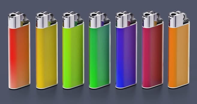 Generic multi colored lighters isolated on white background. 3D illustration.