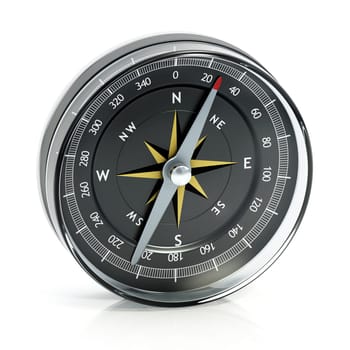Vintage analogue navigational compass isolated on white background. 3D illustration.