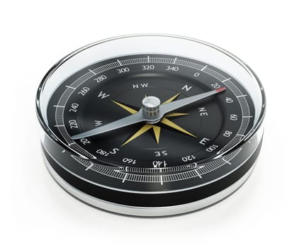 Vintage analogue navigational compass isolated on white background. 3D illustration.