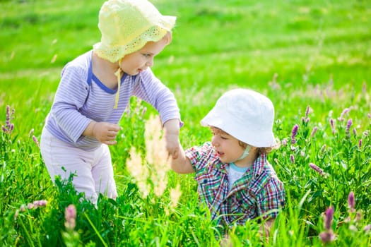 Portrait of 1 year old baby boy and baby girl outdoor on a meadow.