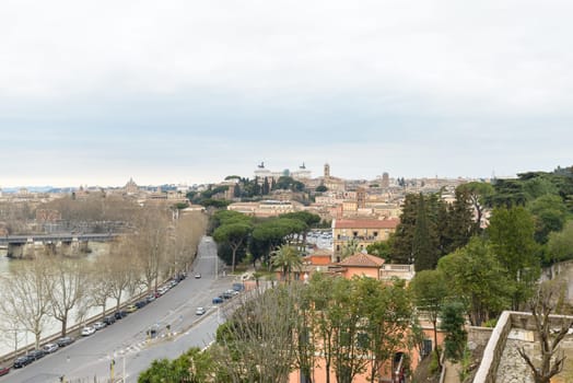Landscape of Rome (Italy) from the Oranges Garden. The garden of the Oranges is the name used to describe the park Savelli, a park in Rome of about 7,800 m², located on the Aventine Hill, the Ripa district, which offers an excellent view of the city.