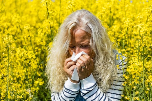 Woman suffers from allergy in a rape field and has to sneeze.