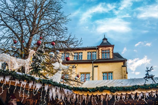 Detail of an idyllically decorated Christmas market in Germany
