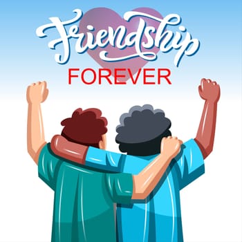 Friendship forever vector illustration. Two young men hugging each other. Friendship day concept.