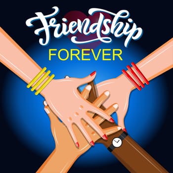Friendship forever card with hands holding each other, vector illustration