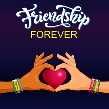 Friendship day greeting card with hands and heart. Vector illustration