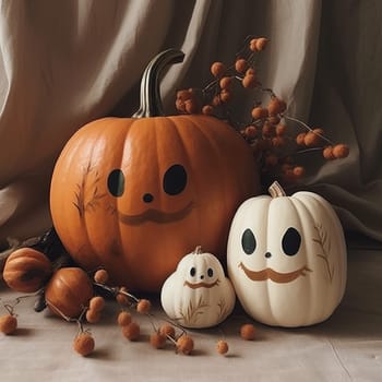 Traditional decorated pumpkins lie on the table before the autumn festival. High quality photo