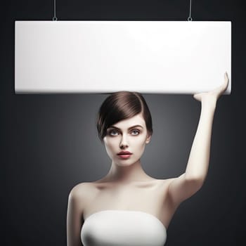 Portrait of a beautiful young woman with blank banner. Advertising concept. - AI Generated
