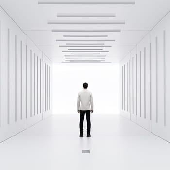 businessman standing in front of a white wall and looking at it - AI Generated