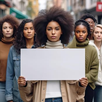 young african american woman holding blank sign in city with friends - AI Generated