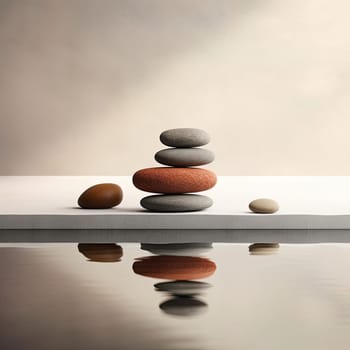 Zen stones on a white surface reflection in water, 3D render. - AI Generated
