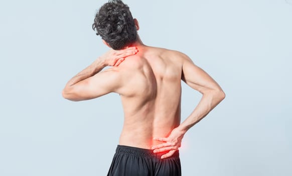 Neck and back pain concept, man with neck and back muscle pain, Close up of man with neck and back pain, a man with muscle pain on isolated background.